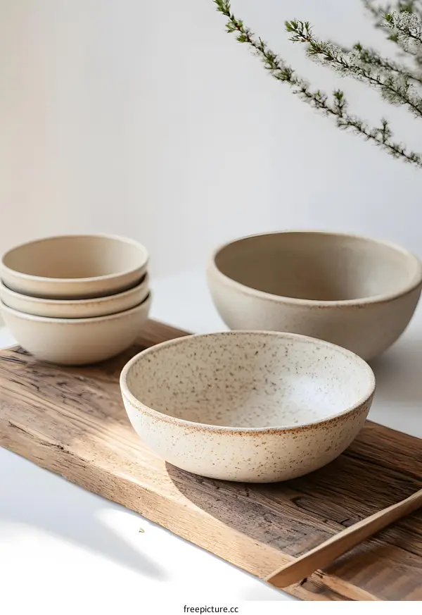 Ceramic Bowls on Wooden Serving Tray with Greenery