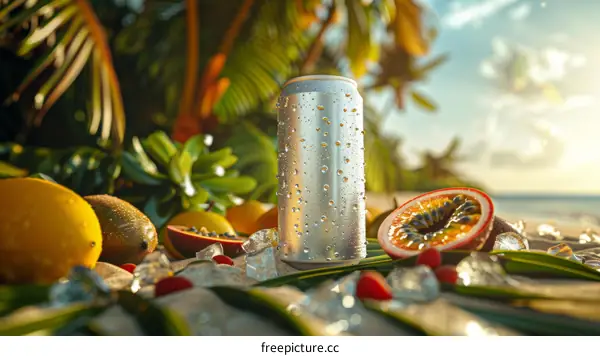 Close-up of a can of fruit juice on the beach