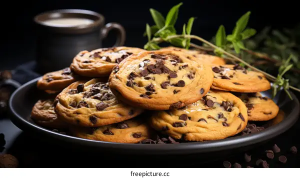 A plate full of chocolate chip cookies