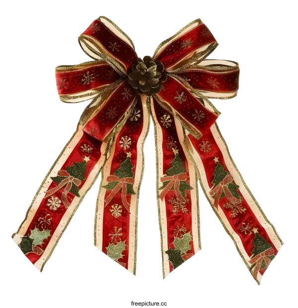 [Transparent Background PNG]Red Christmas Bow with Gold Trim and Pine Cone