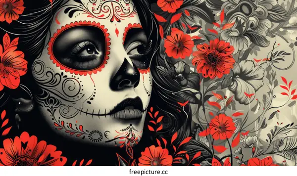 A woman with a skull face paint and red flowers