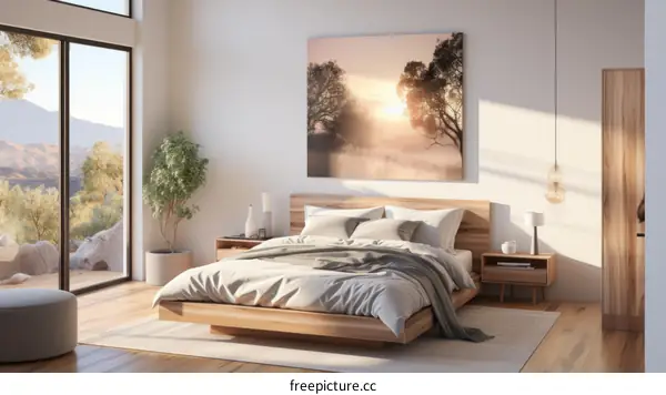Scandinavian Bedroom with Wooden Bed and Foggy Forest Painting