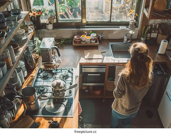 A woman standing in a kitchen looking out the window