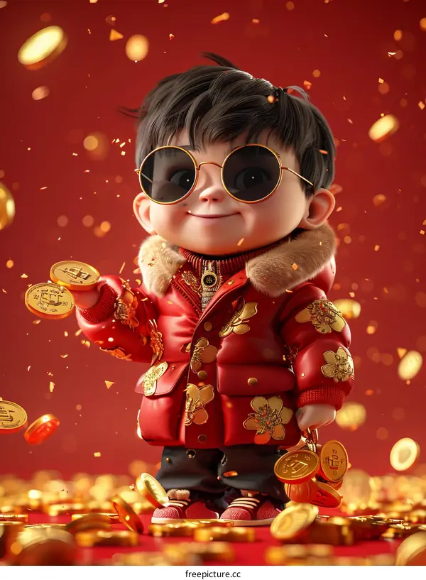 A 3D rendering of a young boy holding a coin, wearing red jacket and sunglasses to celebrate new year