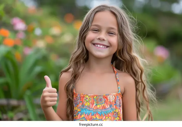 Portrait of a smiling girl with long brown hair giving a thumbs up