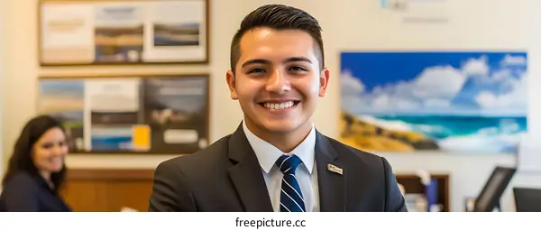 Smiling Businessman In Suit Wearing Tie In Office