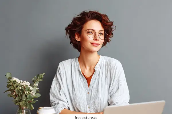 Caucasian Woman Working on Laptop in Cafe