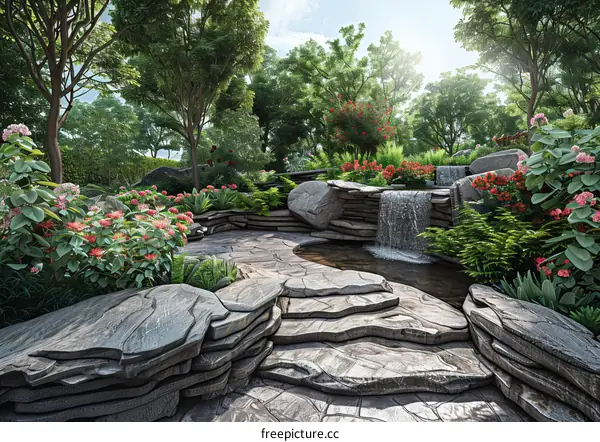 A Beautiful Garden with a Waterfall and a Stone Path