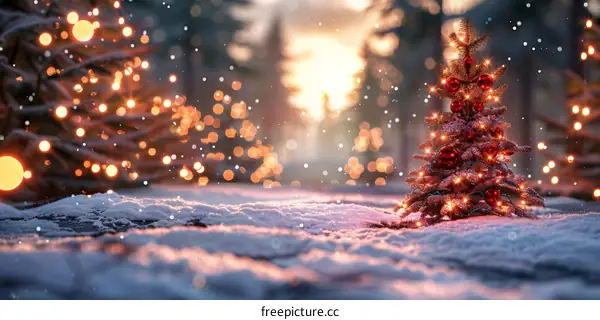Christmas Tree Lit Up in Snowy Forest at Dusk