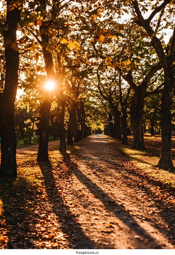 Autumn Sun Shining Through Trees On Path