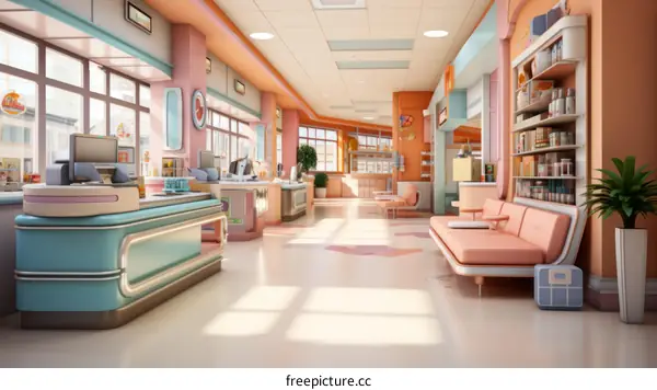 A retro and futuristic pharmacy interior