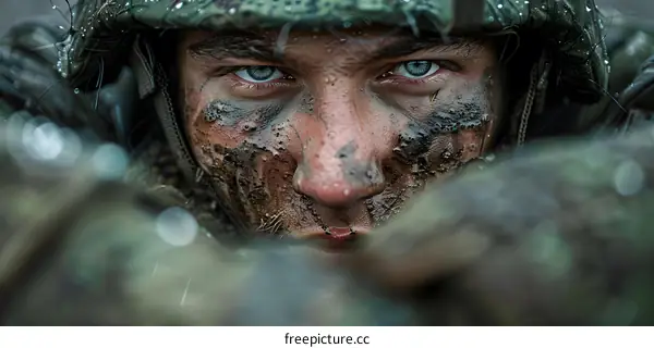 Portrait of a soldier with mud on his face