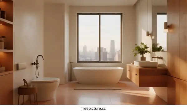 Modern bathroom with freestanding tub and city view window