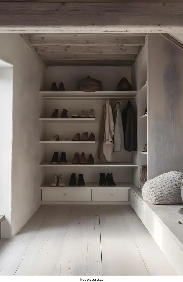 Minimalist White Closet With Wooden Beams and  Shelves