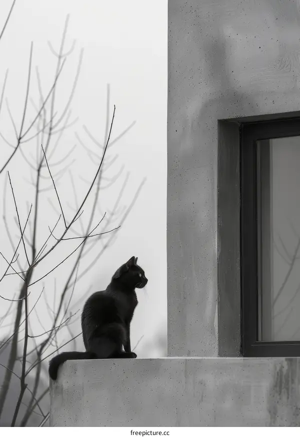 A black cat sits on a ledge next to a window