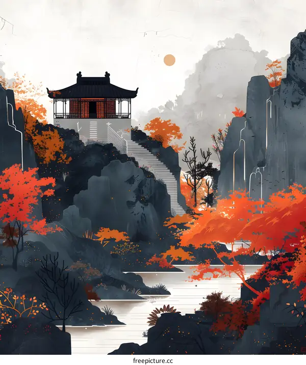 Tranquil Autumn Landscape with Pagoda