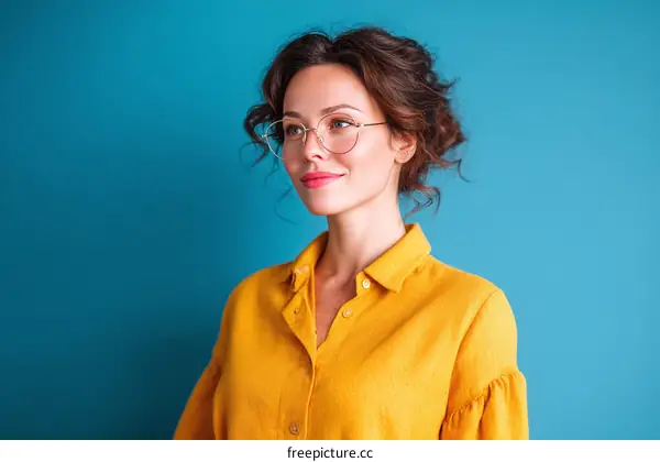Woman in Mustard Yellow Shirt Against Teal Background