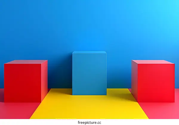 Three Colorful Cubes on Blue Background