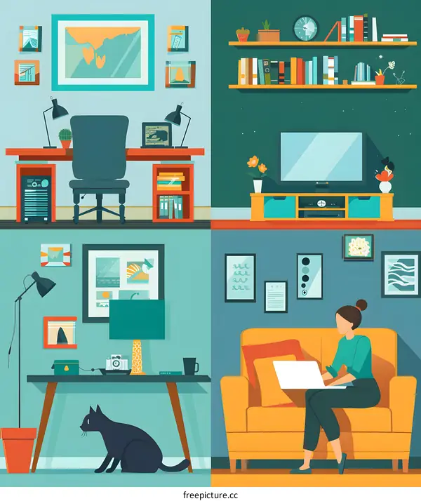 Modern Living Room Interior Design Illustration With Woman Working On Laptop