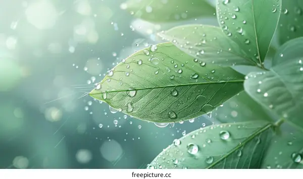 Raindrops falling on green leaves