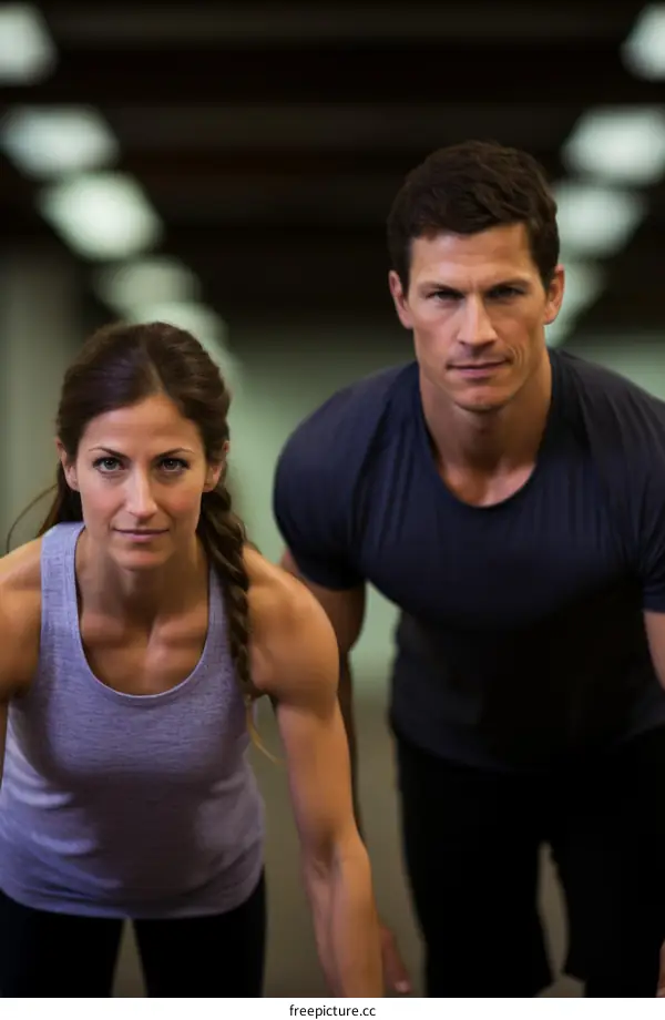 A man and a woman in athletic clothing are posing in a ready position.