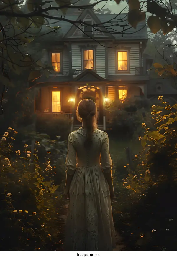 A woman standing in front of a haunted house