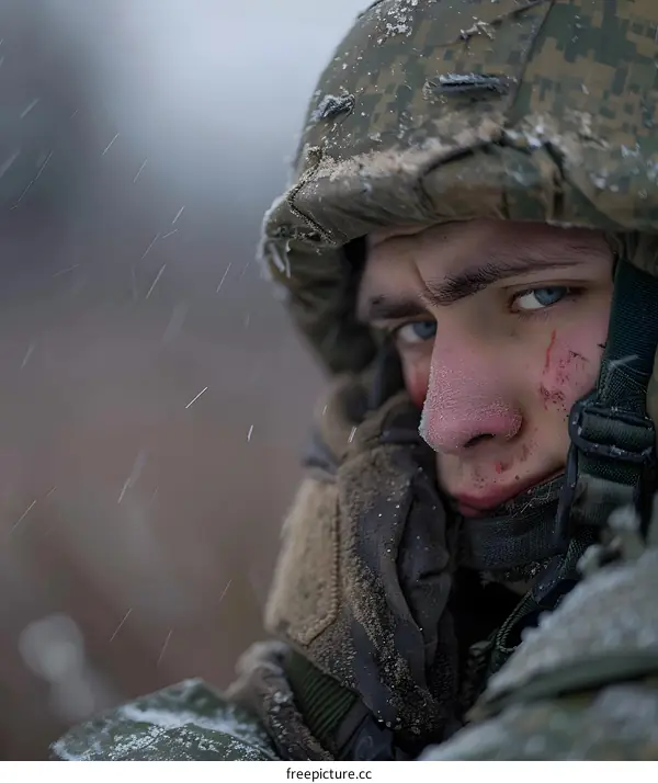 Portrait of a soldier in the snow