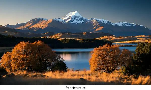Autumnal Mountain Lake Scenery with Snow-capped Peaks