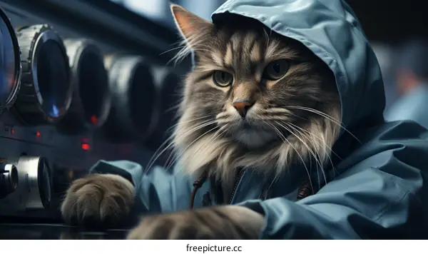 A cat wearing a blue raincoat is sitting on a washing machine