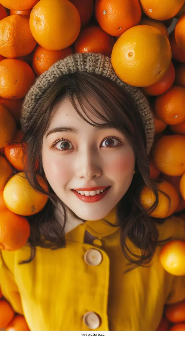 A young woman in a yellow coat is lying in a pile of oranges.