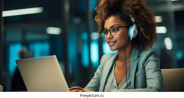 Black businesswoman working on laptop in office at night