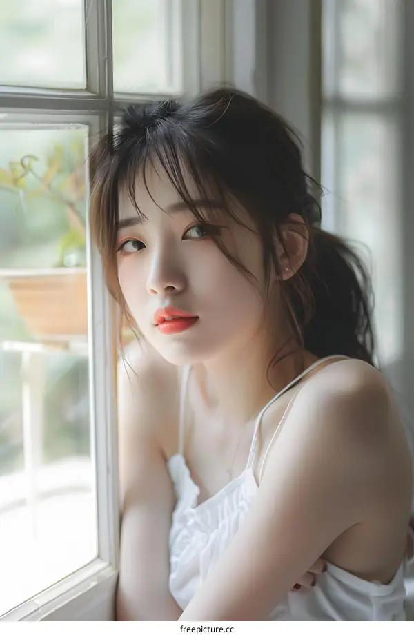 Young Asian Woman Looking Through Window