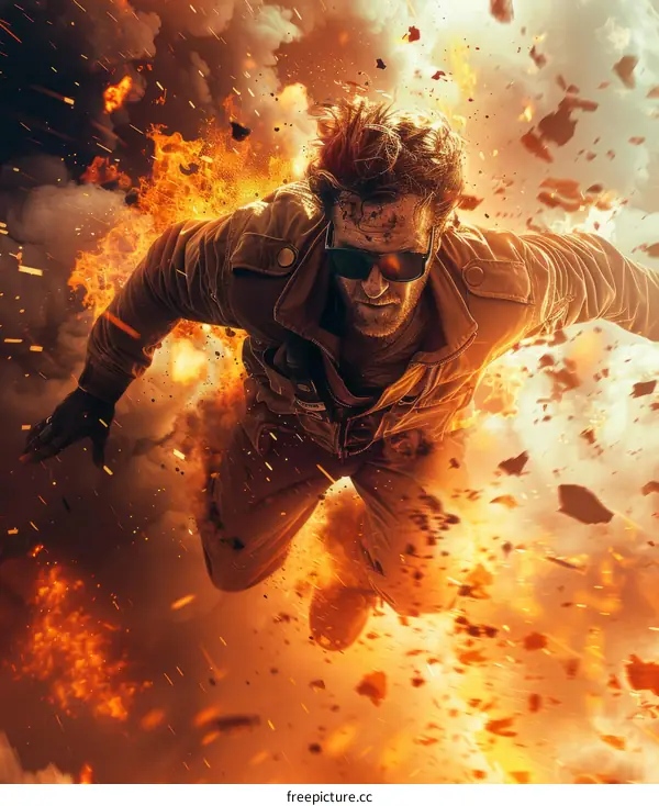 A man is flying through the air while surrounded by an explosion.
