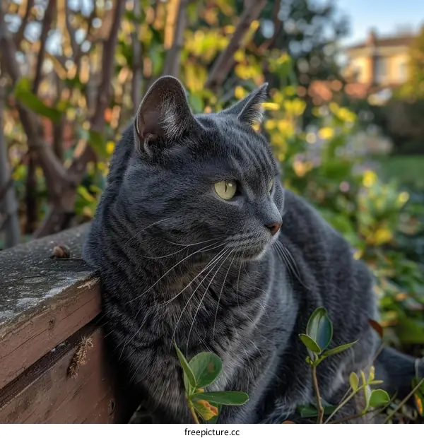 A gray cat is sitting on a wooden fence in the garden