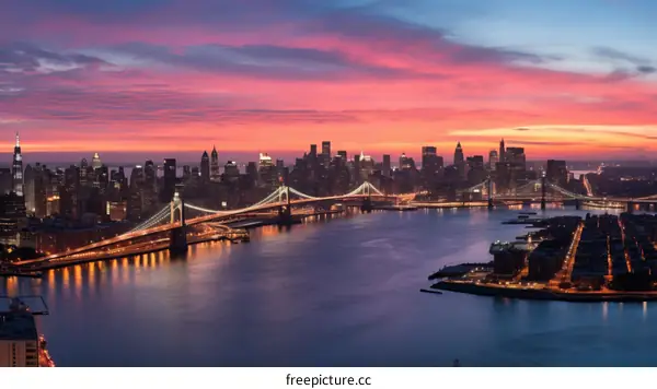 New York City skyline at sunset with bridges over river