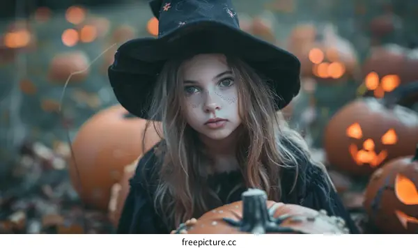 Portrait of a young girl dressed as a witch for Halloween