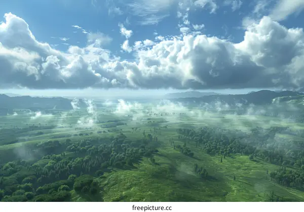 Aerial View of a Lush Green Valley Under a Cloudy Sky