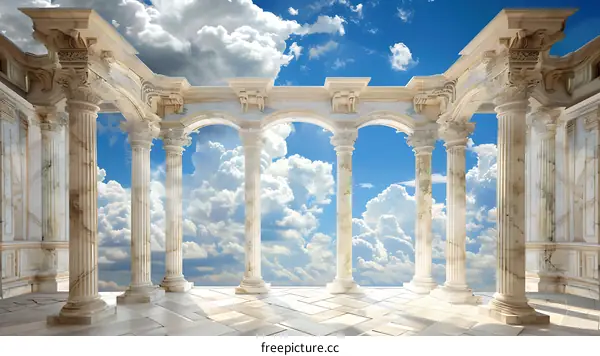 White Marble Columns with Blue Sky and Clouds