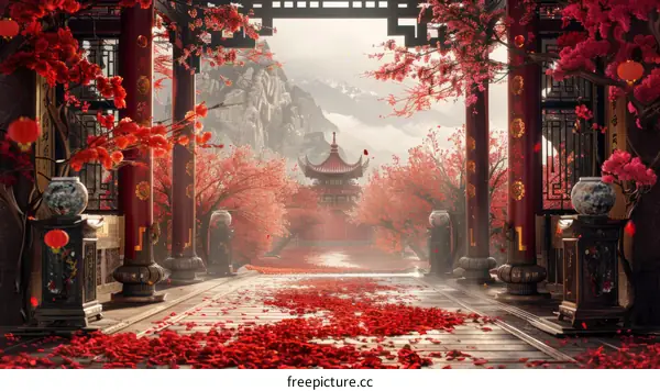 Chinese Garden with Red Flowers and Lanterns