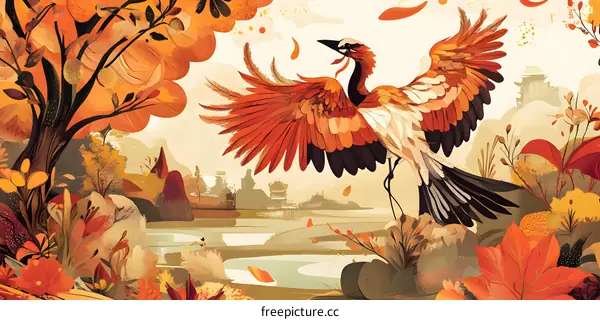 Autumn Landscape with Red Crane