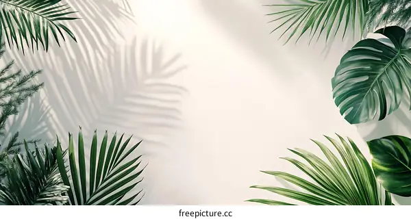 Tropical Leaves with Shadows on a White Background