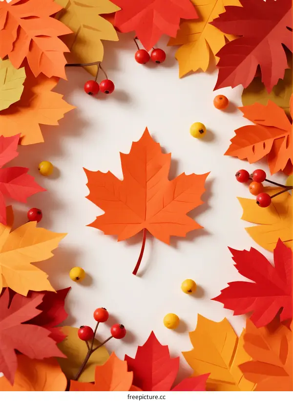 Autumn Maple Leaves Arranged in Circle with Red Berries