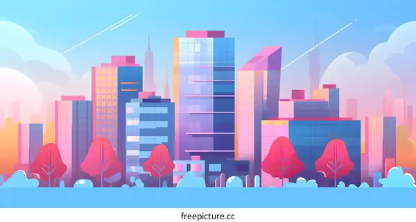 Modern Cityscape Illustration with Pink Sky and Trees