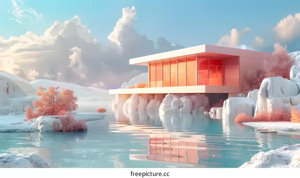 A modern house located on a lake surrounded by snow-capped mountains