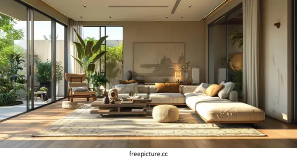 Modern Asian Living Room with Large Windows and Greenery