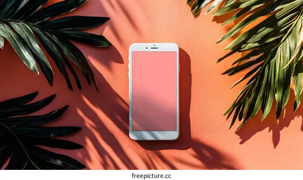 Palm Leaves and Smartphone Mockup on Pink Background