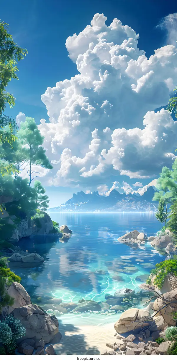 Beautiful landscape with blue sea, green trees and white clouds