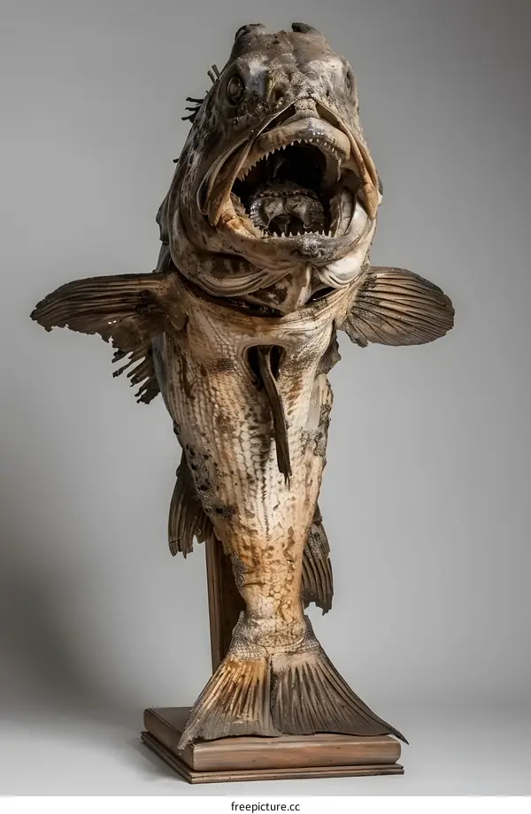 A preserved fish with its mouth wide open
