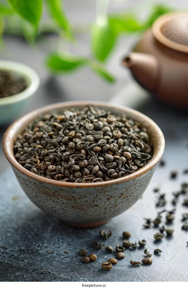 Green Tea Leaves in a Bowl with Teapot in Background