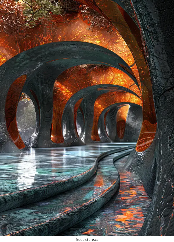 Futuristic Sci-Fi Corridor with Water and Glowing Orange Trees